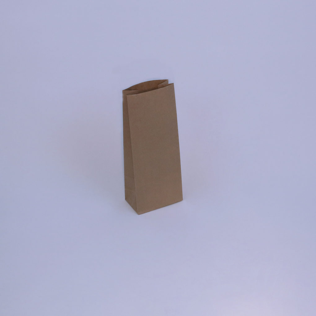 A brown recycled paper pouch with a zipper closure at the top, made of 100% recycled materials, an eco-friendly alternative for packaging
